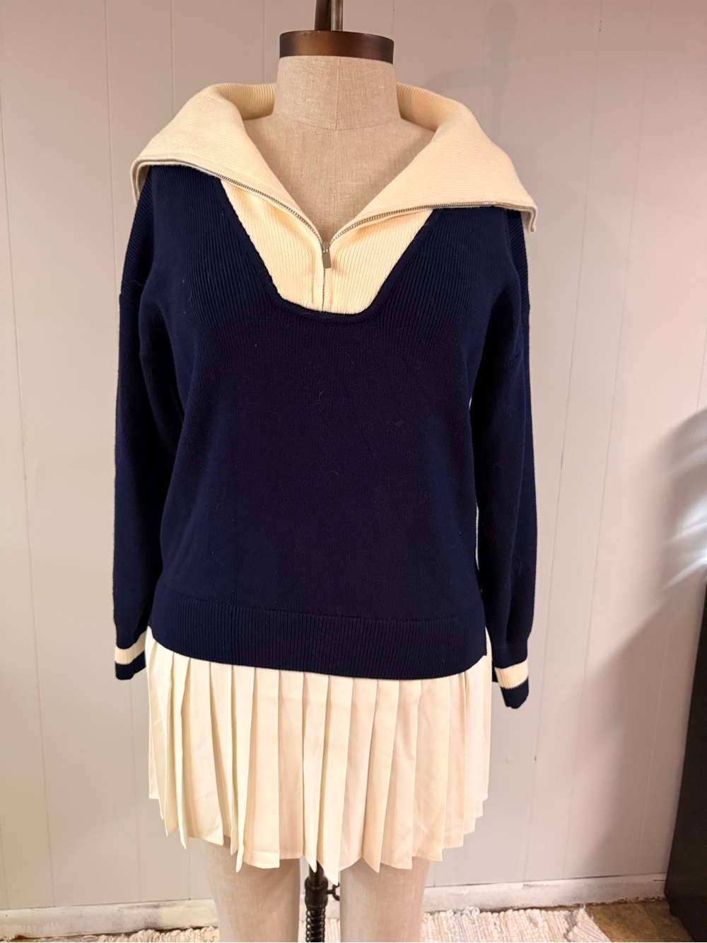 Maeve Navy and Cream Sailor-Collar Knit Pullover